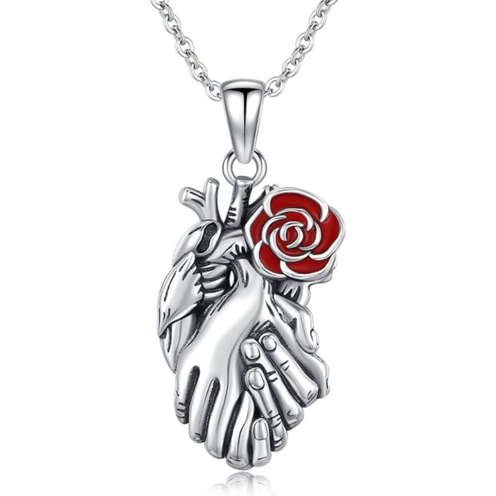 925 Sterling Silver Anatomical Heart Rose Necklace NWT